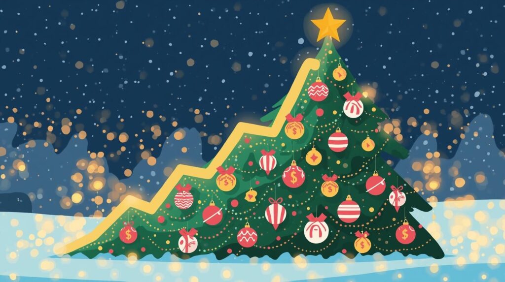 右肩上がりの株価チャートで飾られたクリスマスツリーのイラスト