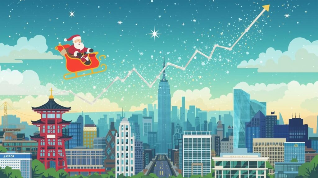 日本とニューヨークの街の上を飛ぶサンタクロースのそりの軌跡が、右肩上がりの株価チャートになっているイラスト
