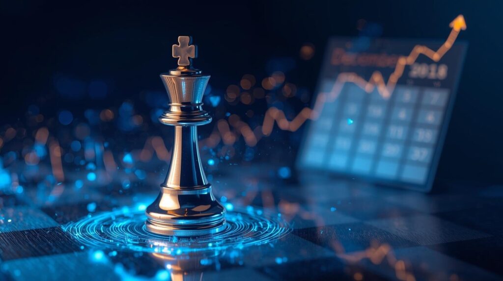 株価チャートと12月のカレンダーを背景に、チェス盤の上で強気相場（ブル）の駒が置かれている投資戦略をイメージした画像
