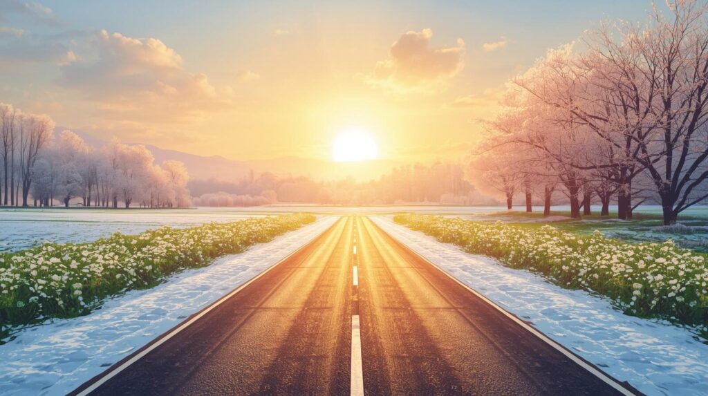 冬から春へと続く輝く道と朝日が、投資の成功による明るい未来を象徴している風景イラスト
