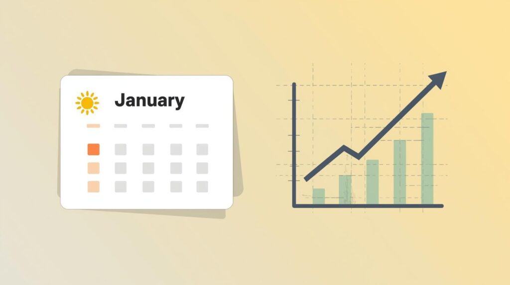 1月のカレンダーから右肩上がりの矢印が伸びているイラスト。株価が上がりやすい傾向がある1月アノマリーを表現。
