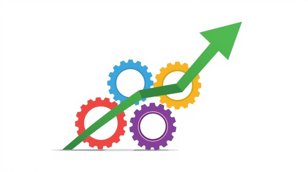4つの要因を示す歯車が噛み合い、株価の上昇を示す矢印を押し上げているイラスト。1月アノマリーが起こる理由の図解。
