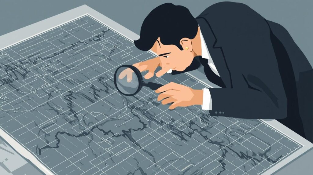 投資家が虫眼鏡で地図と株価チャートを慎重に調べているイラスト。1月アノマリーを鵜呑みにせず、注意深く判断することの重要性を表現。
