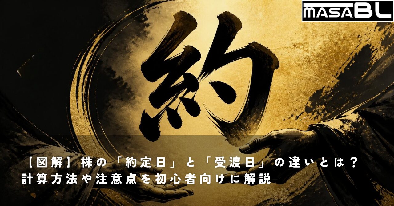 和風の筆文字で「約束」と「手渡し」をイメージした力強い墨絵の抽象イラスト。黒と金のグラデーションが映えるクールなアイキャッチ