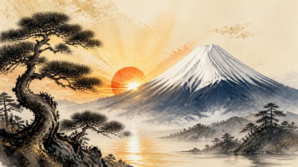 朝日が昇る富士山と松の木を描いた和モダンな墨絵イラスト。未来への希望と堅実な資産形成を象徴する力強くおめでたいデザイン