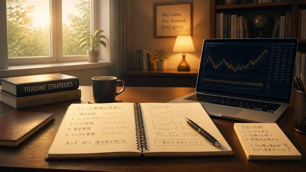 落ち着いた書斎の机に開かれたノートとペン、横に置かれたノートパソコン。冷静にトレード戦略を練り直している安心感と希望を表現した柔らかい光のイラスト